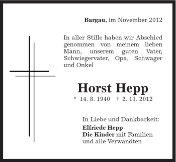 Traueranzeige von Horst Hepp von Gmünder Tagespost