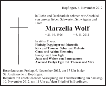 Traueranzeige von Marzella Wolf von Schwäbische Post