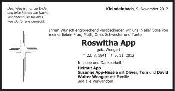 Traueranzeige von Roswitha App von Gmünder Tagespost