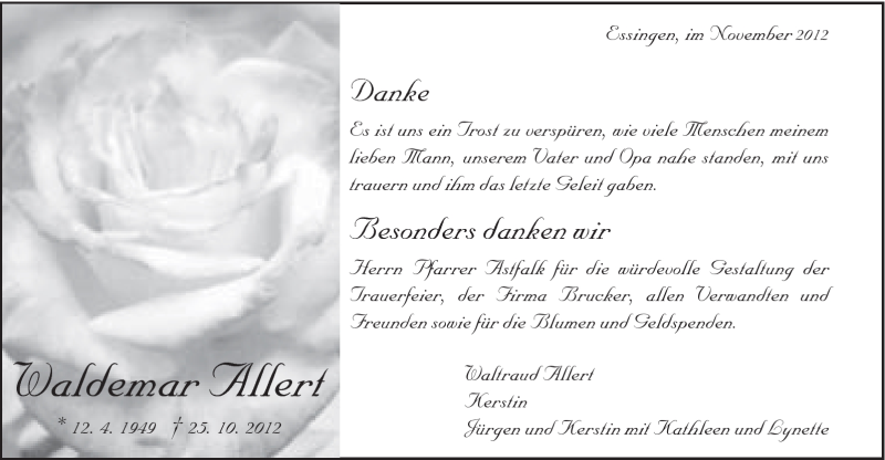  Traueranzeige für Waldemar Allert vom 10.11.2012 aus Schwäbische Post