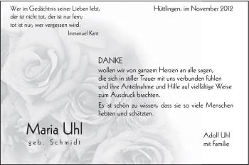 Traueranzeige von Maria Uhl von Schwäbische Post