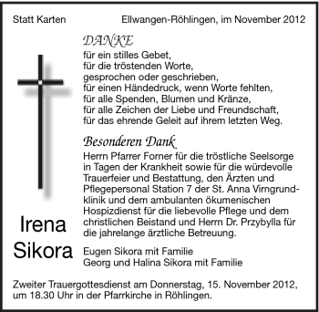 Traueranzeige von Irena Sikora von Schwäbische Post