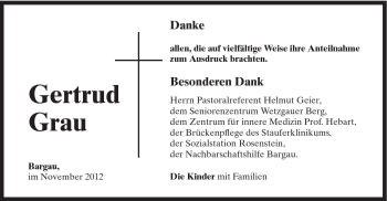 Traueranzeige von Gertrud Grau von Gmünder Tagespost