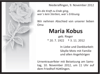 Traueranzeige von Maria Kobus von Schwäbische Post