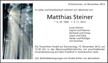 Traueranzeige von Matthias Steiner von Schwäbische Post