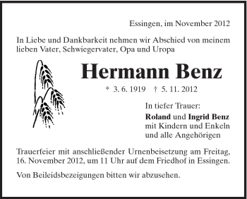 Traueranzeige von Hermann Benz von Schwäbische Post