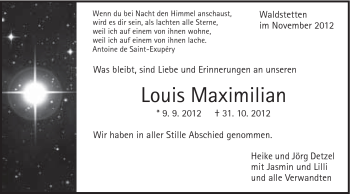 Traueranzeige von Louis Maximilian Detzel von Gmünder Tagespost