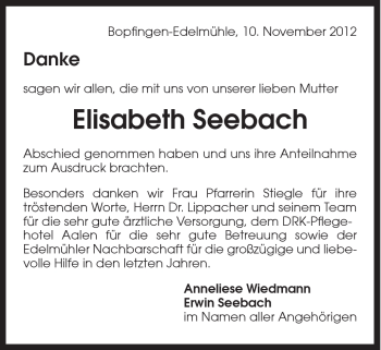 Traueranzeige von Elisabeth Seebach von Schwäbische Post