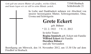 Traueranzeige von Grete Eckert von Gmünder Tagespost