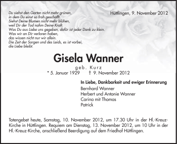 Traueranzeige von Gisela Wanner von Schwäbische Post