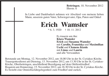 Traueranzeige von Erich Wamsler von Gmünder Tagespost