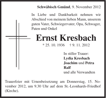 Traueranzeige von Ernst Kresbach von Gmünder Tagespost