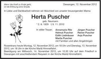 Traueranzeige von Herta Puscher von Schwäbische Post