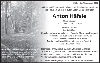 Traueranzeige von Anton Häfele von Schwäbische Post