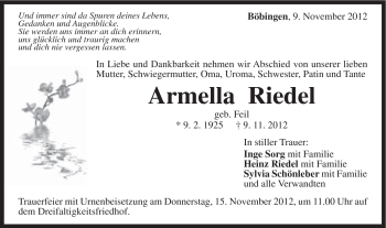 Traueranzeige von Armella Riedel von Gmünder Tagespost