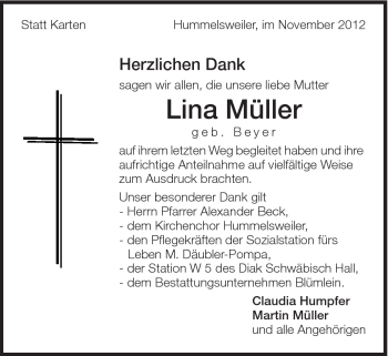 Traueranzeige von Lina Müller von Schwäbische Post