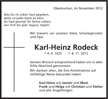 Traueranzeige von Karl-Heinz Rodeck von Schwäbische Post