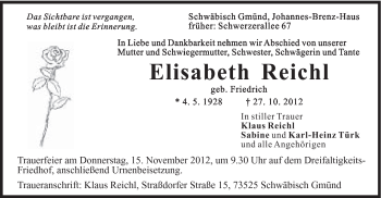 Traueranzeige von Elisabeth Reichl von Gmünder Tagespost