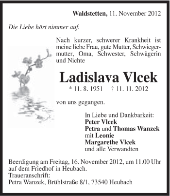 Traueranzeige von Ladislava Vlcek von Gmünder Tagespost
