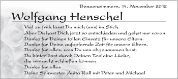 Traueranzeige von Wolfgang Henschel von Schwäbische Post