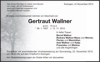 Traueranzeige von Gertraut Wallner von Schwäbische Post