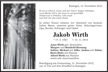 Traueranzeige von Jakob Wirth von Schwäbische Post
