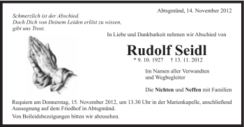 Traueranzeige von Rudolf Seidl von Schwäbische Post