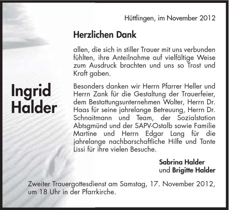  Traueranzeige für Ingrid Halder vom 15.11.2012 aus Schwäbische Post