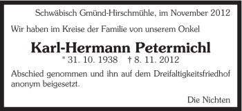 Traueranzeige von Karl-Hermann Petermichl von Gmünder Tagespost