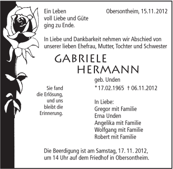 Traueranzeige von Gabriele Hermann von Schwäbische Post