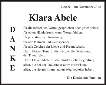 Traueranzeige von Klara Abele von Gmünder Tagespost