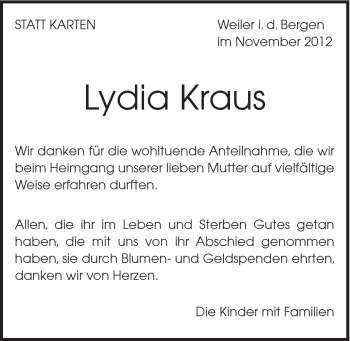 Traueranzeige von Lydia Kraus von Gmünder Tagespost