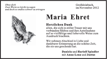 Traueranzeige von Maria Ehret von Gmünder Tagespost