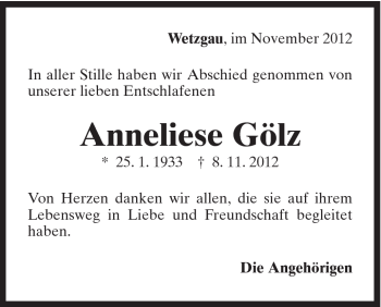 Traueranzeige von Anneliese Gölz von Gmünder Tagespost