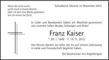 Traueranzeige von Franz Kaiser von Gmünder Tagespost