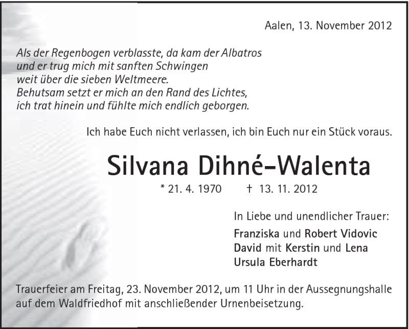  Traueranzeige für Silvana Dihne-Walenta vom 16.11.2012 aus Schwäbische Post