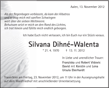 Traueranzeige von Silvana Dihne-Walenta von Schwäbische Post