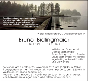 Traueranzeige von Bruno Bidlingmaier von Gmünder Tagespost