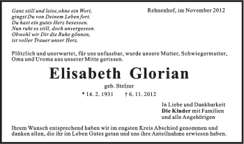 Traueranzeige von Elisabeth Glorian von Gmünder Tagespost