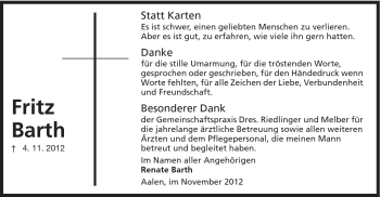 Traueranzeige von Fritz Barth von Schwäbische Post