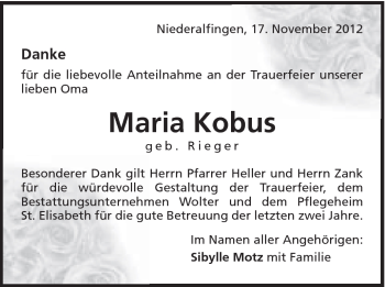 Traueranzeige von Maria Kobus von Schwäbische Post
