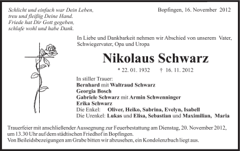 Traueranzeige von Nikolaus Schwarz von Schwäbische Post