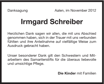 Traueranzeige von Irmgard Schreiber von Schwäbische Post
