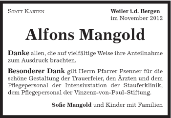 Traueranzeige von Alfons Mangold von Gmünder Tagespost
