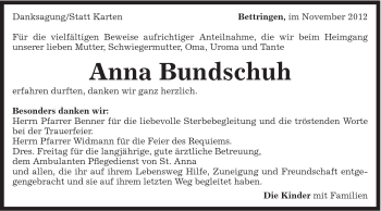 Traueranzeige von Anna Bundschuh von Gmünder Tagespost