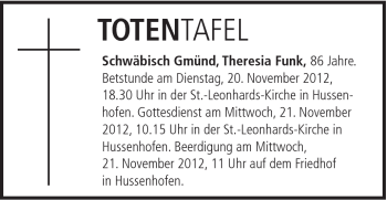 Traueranzeige von Theresia Funk von Gmünder Tagespost