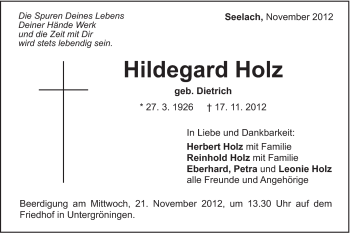 Traueranzeige von Hildegard Holz von Schwäbische Post