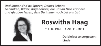 Traueranzeige von Roswitha Haag von Schwäbische Post