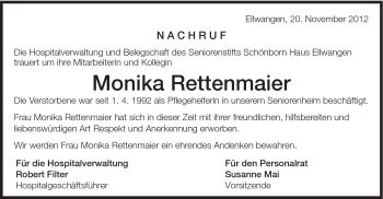 Traueranzeige von Monika Rettenmaier von Schwäbische Post