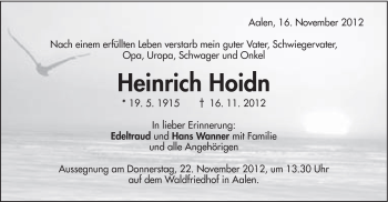 Traueranzeige von Heinrich Hoidn von Schwäbische Post